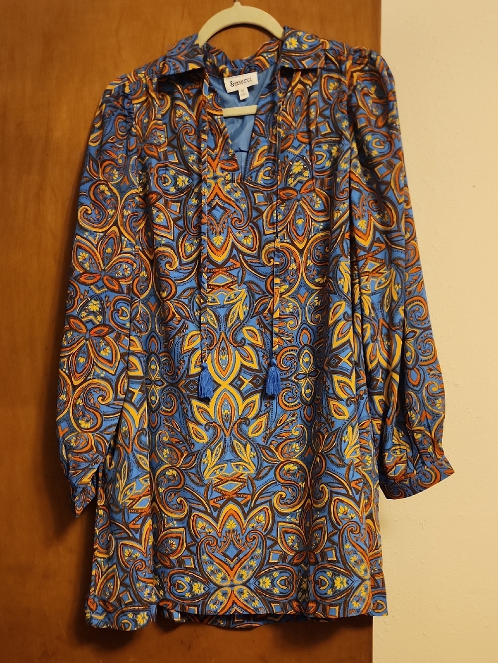 Blue Paisley Long-Sleeve Tunic with Tassel Tie